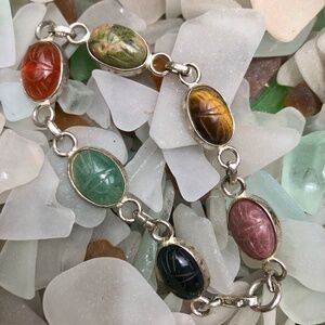 Vintage MCM Sterling Silver Scarab Bracelet - Natural color stones
